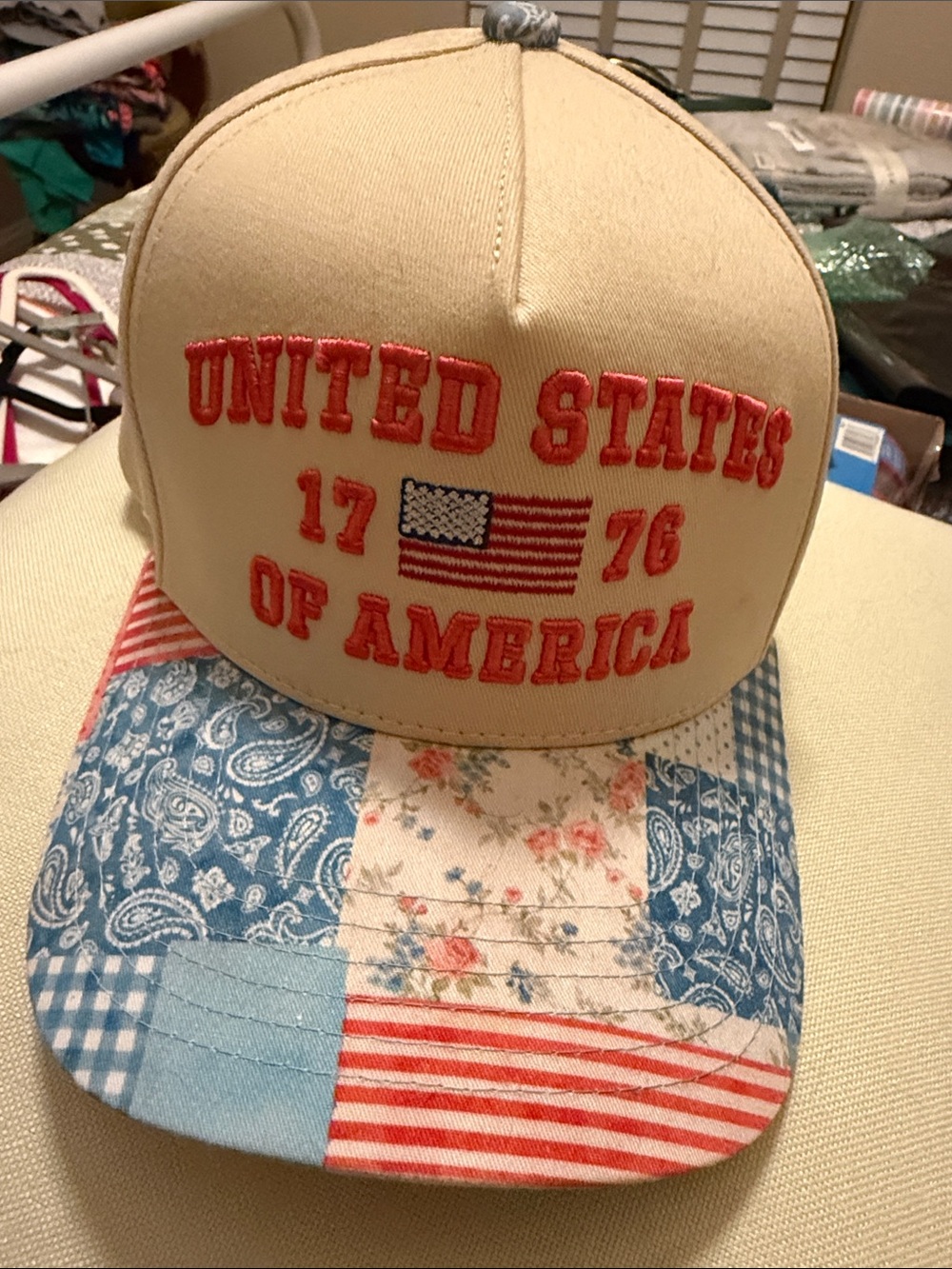 CC Beige Baseball Cap with Red Embroidery and Patchwork Brim